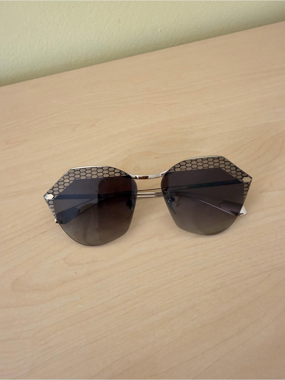 Used Bulgari Rimless Sunglasses with Black Gradient Lenses and Honeycomb Accents